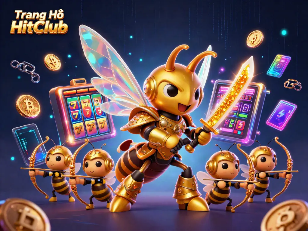 Experience excitement with Trang Chủ HitClub as a vibrant 3D casino scene filled with games and crypto elements.