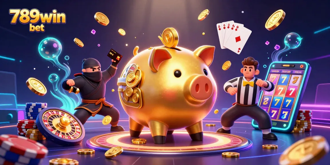 Experience the thrill of 789win bet with energetic casino characters amid cascading golden coins and vibrant gems.