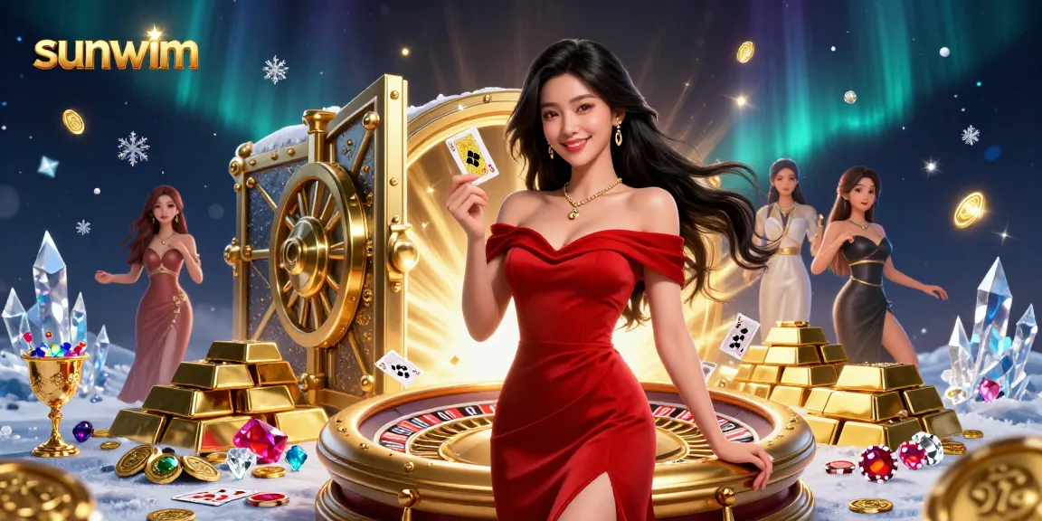 Join the excitement at sunwim with a glamorous young woman celebrating her casino wins while surrounded by treasures and games.