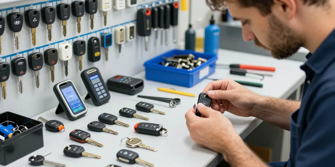 Fachmann repariert Schlüssel für Auto mit verschiedenen Modellen im Hintergrund.