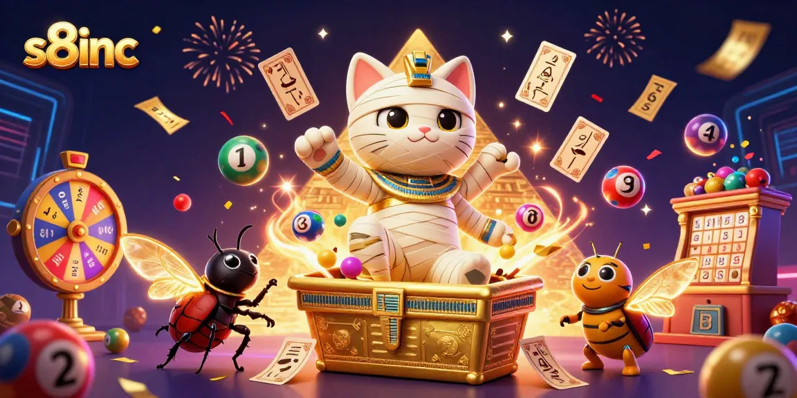Experience thrilling wins at S8inc, featuring an animated Egyptian mummy cat in a dynamic casino scene.