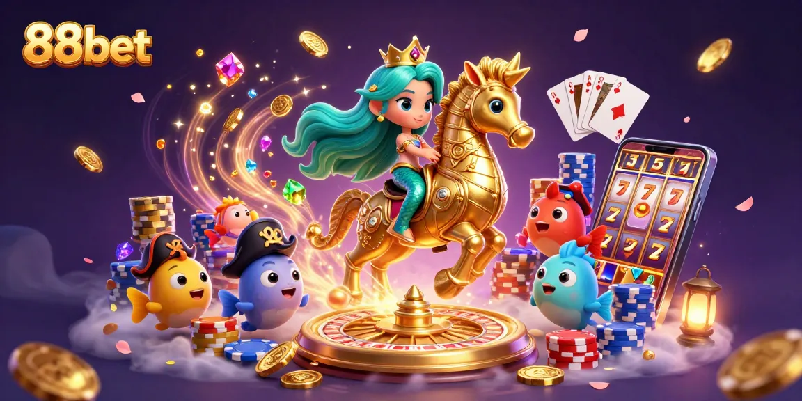 Engaging 88bet scene featuring vibrant mermaid princess, seahorse, and festive casino elements.