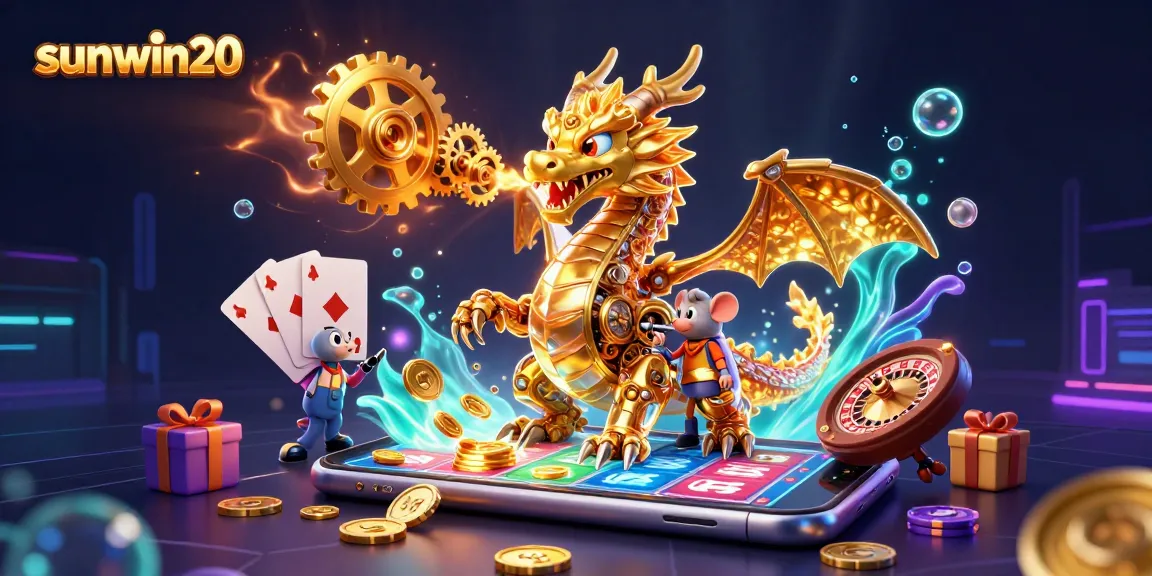 Experience sunwin20 with a golden dragon and engaging slot games in a vibrant scene.