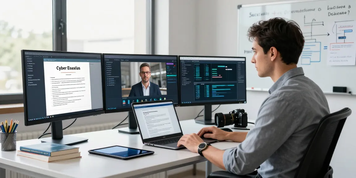 Cyber Essentials quote consultation in a modern cybersecurity office highlighting a professional IT consultant discussing compliance.