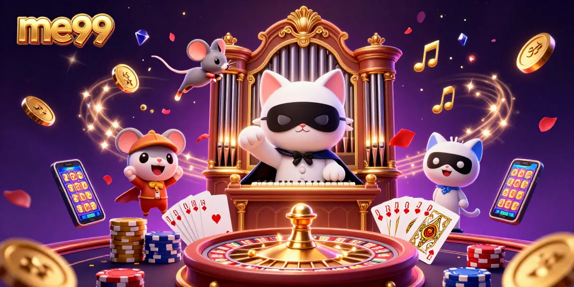 Spin the reels at me99 with a captivating phantasmal cat and vibrant casino visuals.