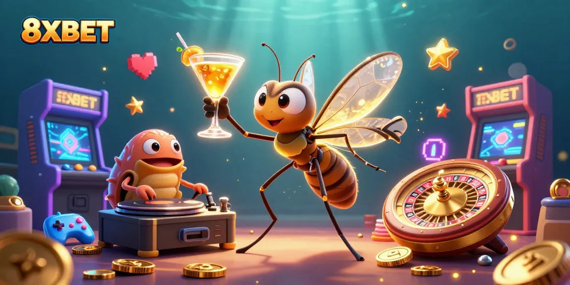 Experience the vibrant world of 8XBET with a stunning 3D casino scene featuring animated elements and games.