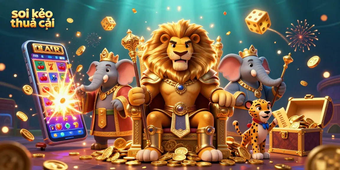 Engage in soi kèo nhà cái insights with a gaming scene featuring a lion king, elephant advisor, and cheetah messenger.