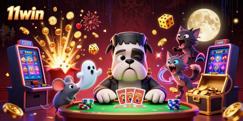 11win's lively casino scene features a colorful Frankenstein bulldog dealing cards surrounded by energetic casino elements.