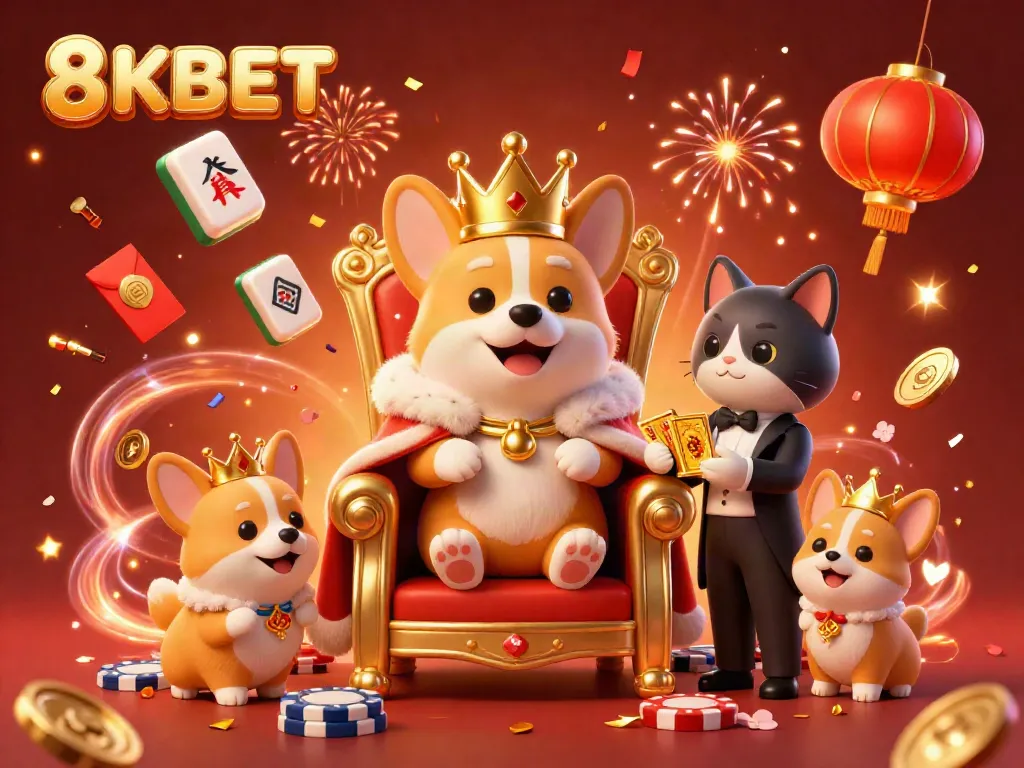 Experience 8KBET's vibrant gaming world with royal corgis and dynamic casino elements.