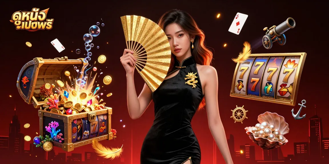 Experience the thrill of ดูหนังออนไลน์ฟรี, a glamorous Asian woman in a black velvet dress amidst vibrant casino elements.