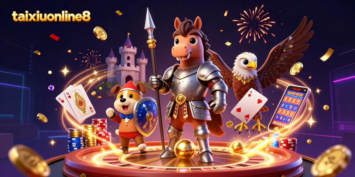 Experience the thrill of taixiuonline8 with a knight, puppy, and falcon, surrounded by casino elements.