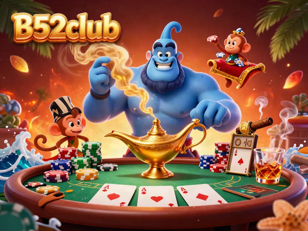 Experience the thrills of B52club with a magical casino scene featuring a genie and vibrant poker elements.