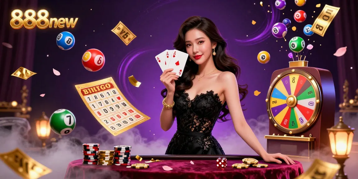 Experience the thrill at 888new with a stylish woman holding playing cards and lottery elements.