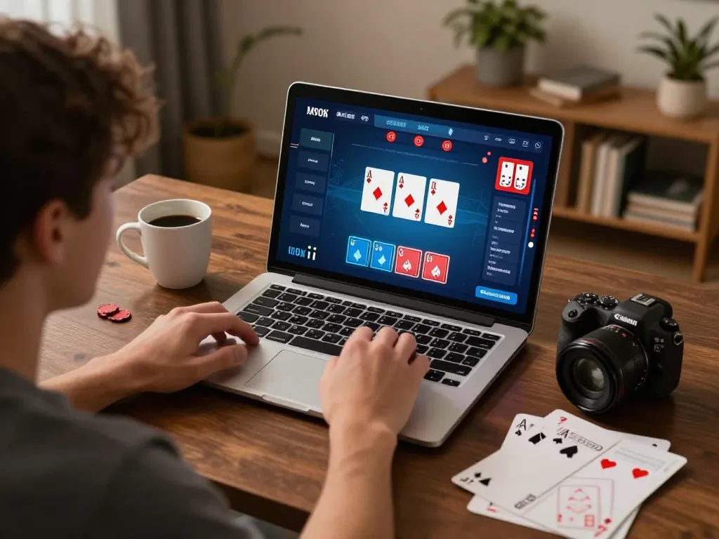 Exciting online poker gameplay for game bài mb66 shown on a laptop in a cozy home environment.