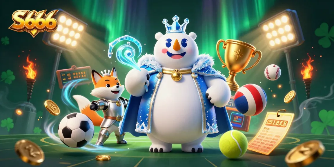 S666 casino illustration with 3D polar bear king and fox in dynamic sports betting scene