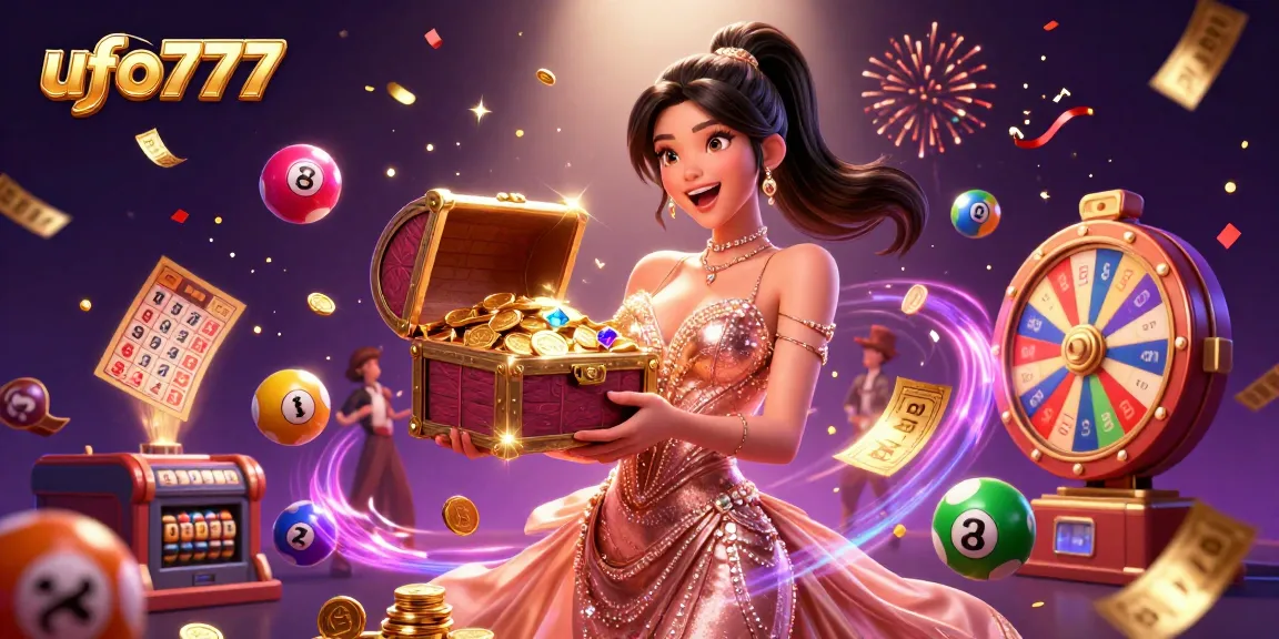 Spin, win, and enjoy the vibrant excitement of ufo777 with a bursting treasure and lottery atmosphere.