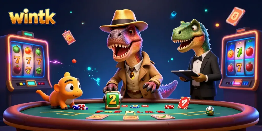 Wintk velociraptor winning at blackjack in a vibrant casino scene, featuring energetic game elements.