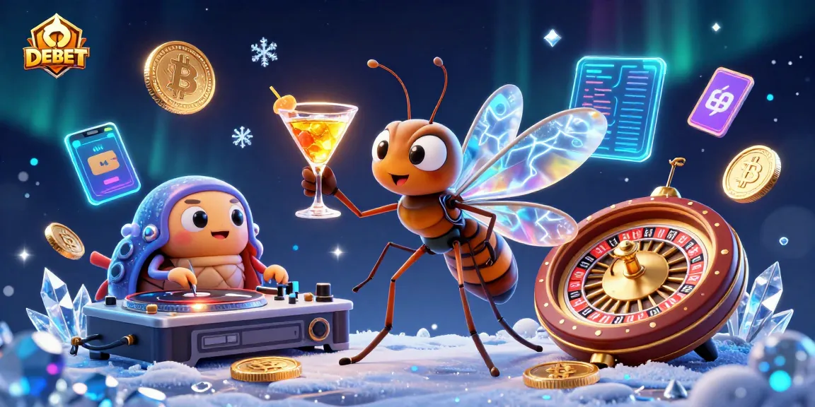 Engage with DEBET at a vibrant casino scene featuring a frozen mosquito mascot and a trilobite DJ.