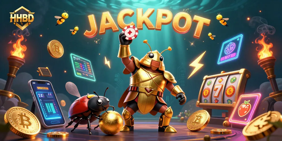 Experience thrilling HHBD casino victories with a 3D illustration of a heroic beetle championing poker and crypto.