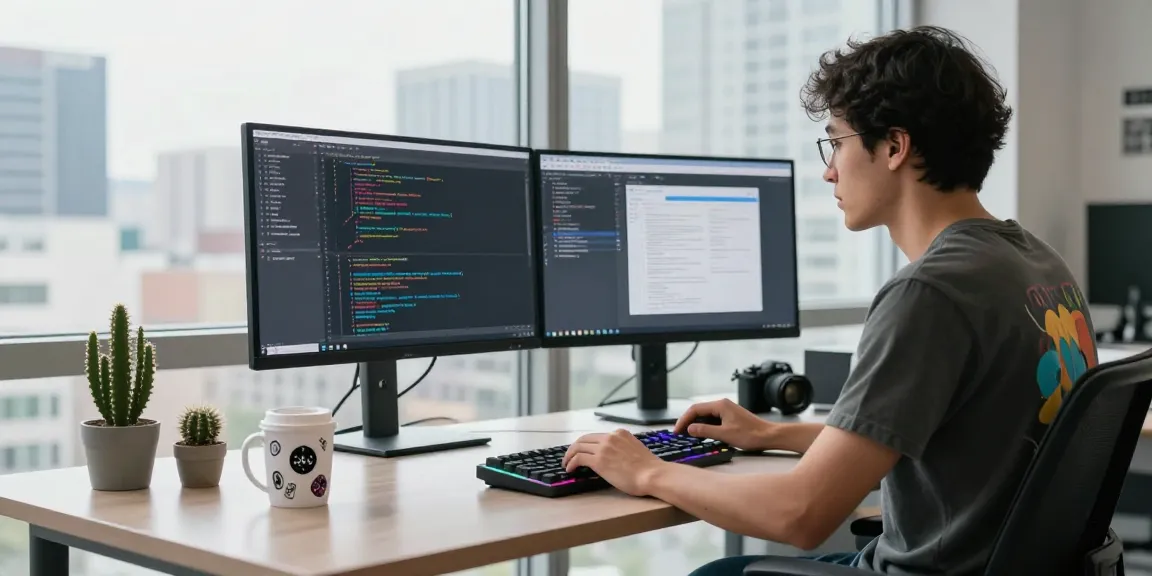 https://siren.clickn.co.kr/에서 소프트웨어 엔지니어가 듀얼 모니터로 코딩하는 현대적 작업 공간입니다.