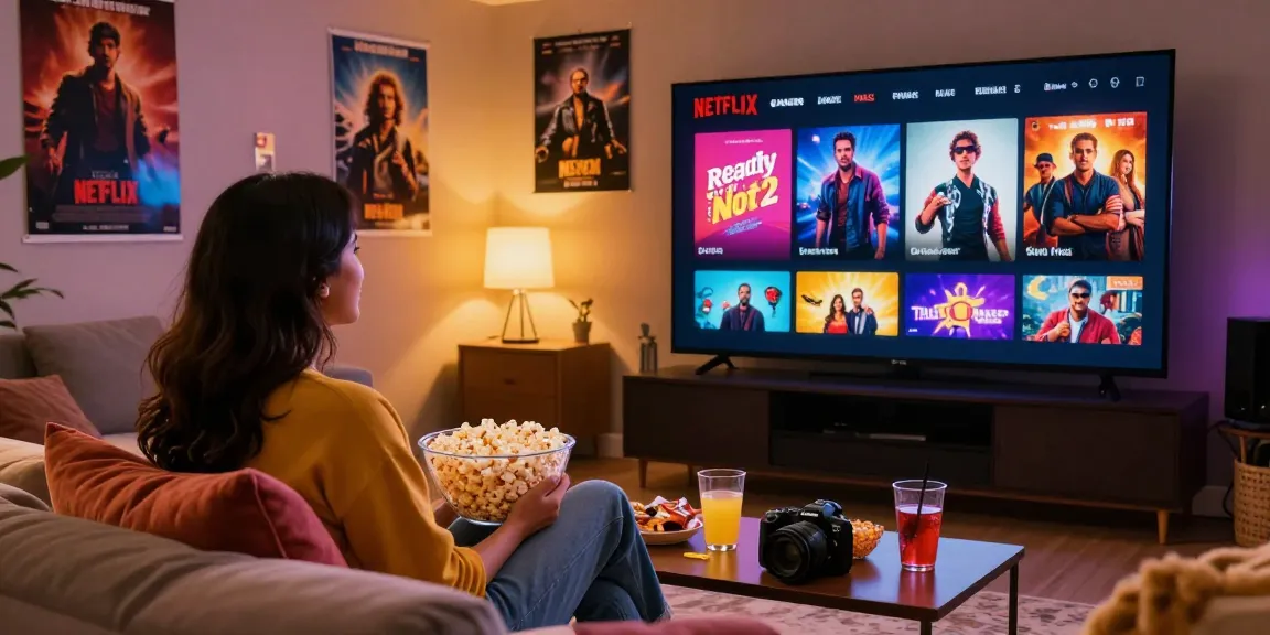 Enjoying movies4u's latest releases on a cozy couch during movie night with snacks.