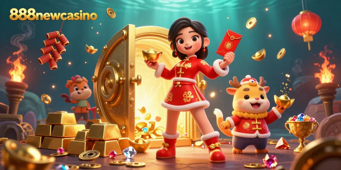 Join the excitement at 888newcasino with vibrant Lunar New Year scenes filled with fortune and gaming treasures.