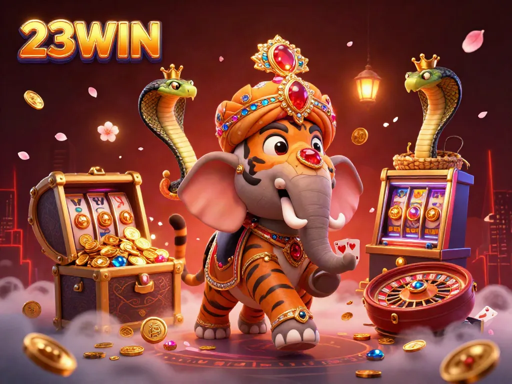 Experience the excitement of 23WIN with vibrant gaming elements, including slot machines and playing cards in a rich casino setting.