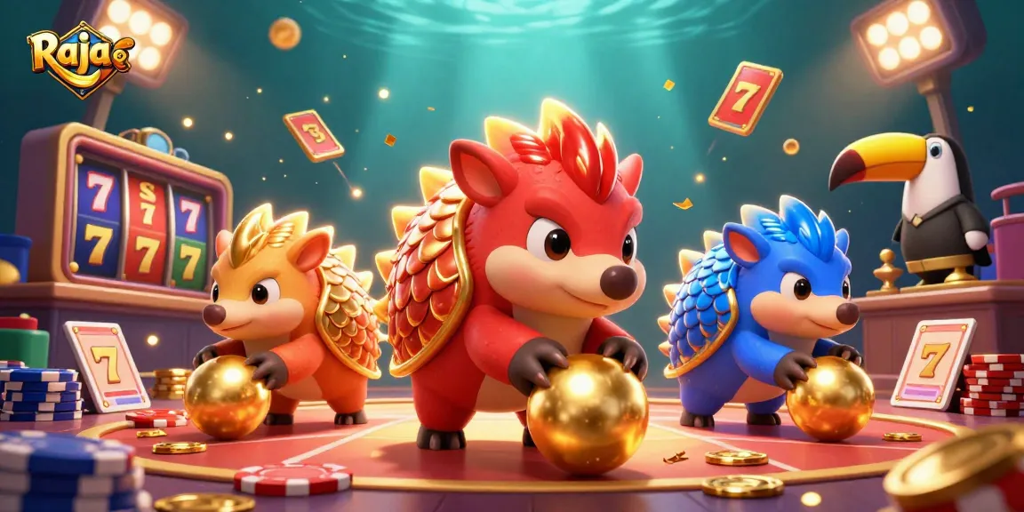 Join the exciting Raja Game experience with colorful pangolins playing slot games.