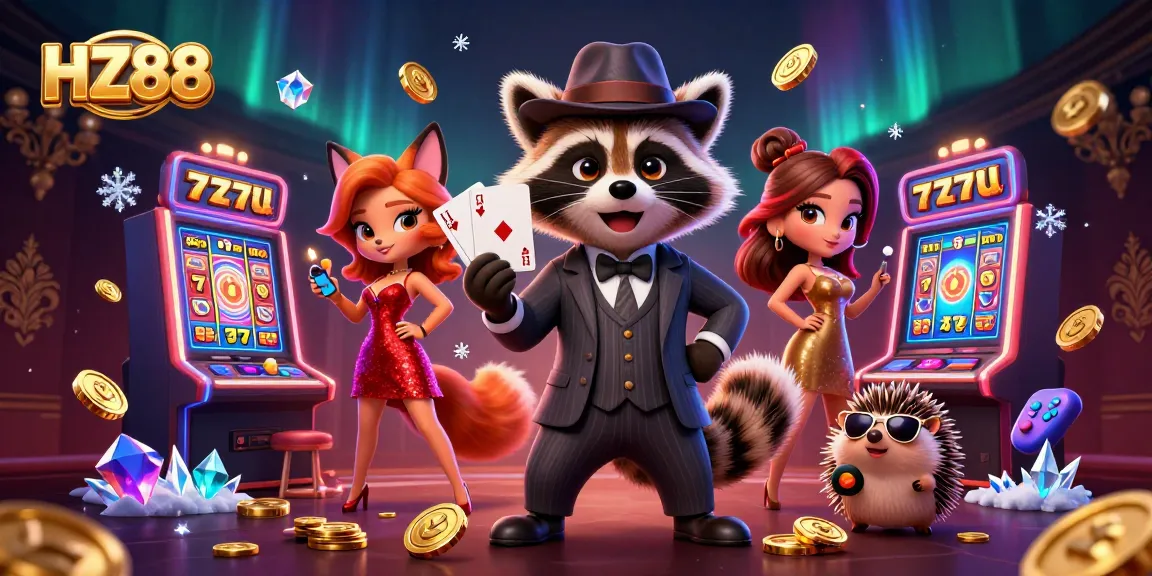 Engage with HZ88's vibrant casino scene featuring a suave raccoon and glamorous fox in festive attire.