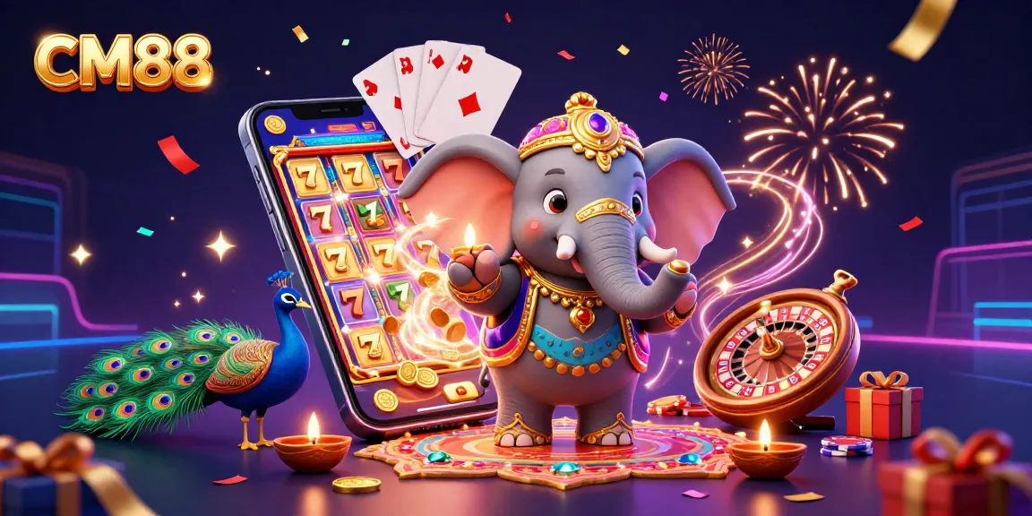 Experience thrilling gameplay at CM88 with a vibrant 3D illustration of festive elements and casino excitement.