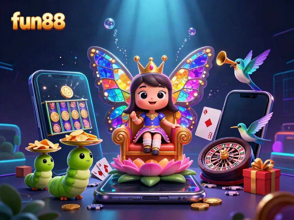 Experience vibrant fun88 gaming with a colorful slot game scene featuring a butterfly queen and playful elements.