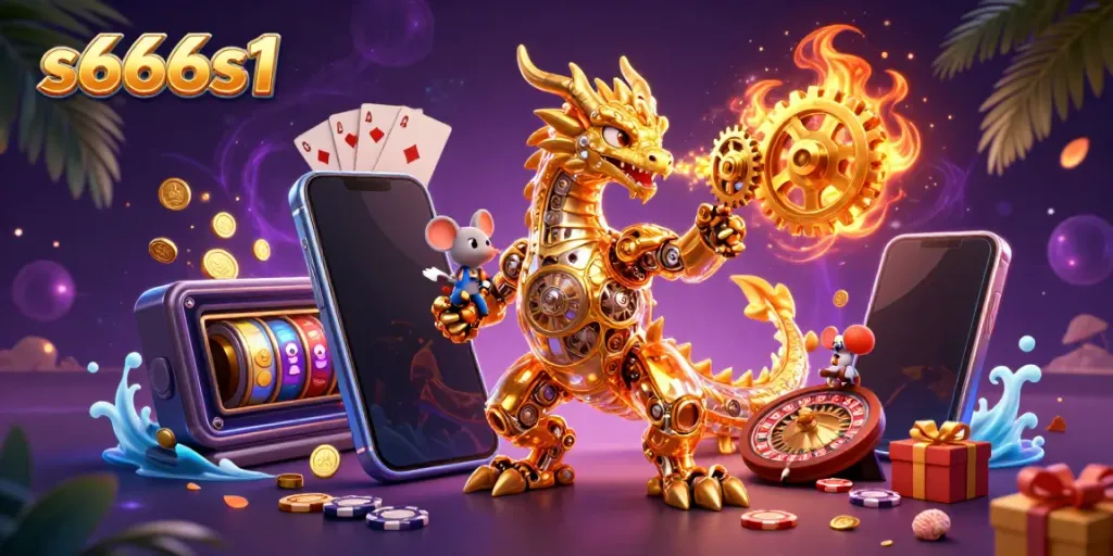 Experience thrilling games at s666s1 with a vibrant scene of a golden dragon, coins, and dynamic casino elements.