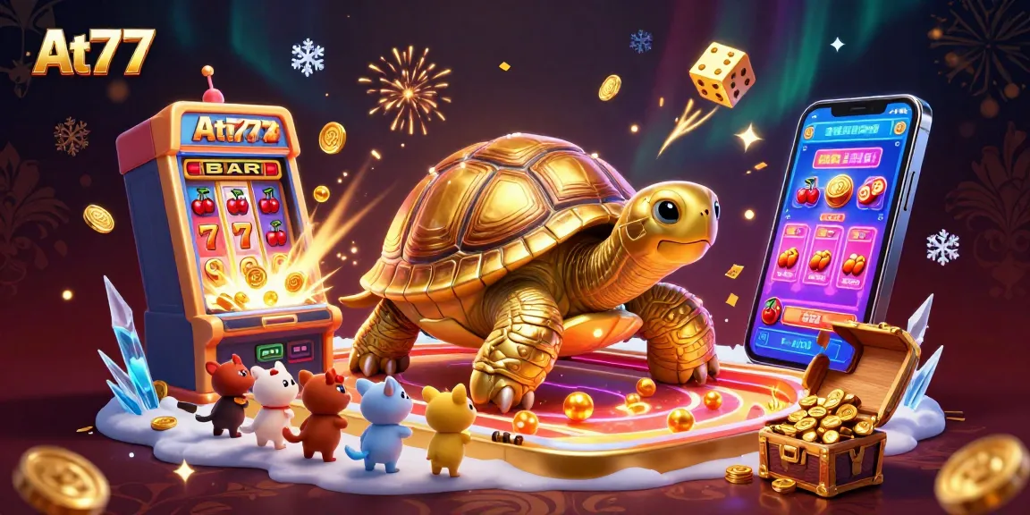 Experience the excitement of the At77 casino with a vibrant jackpot scene featuring animated games and colorful visuals.
