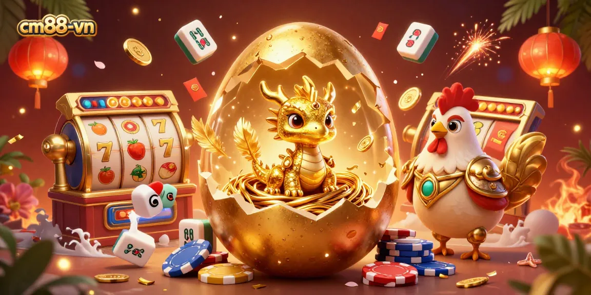 Experience thrilling gameplay at cm88-vn with a golden dragon surrounded by vibrant casino elements.