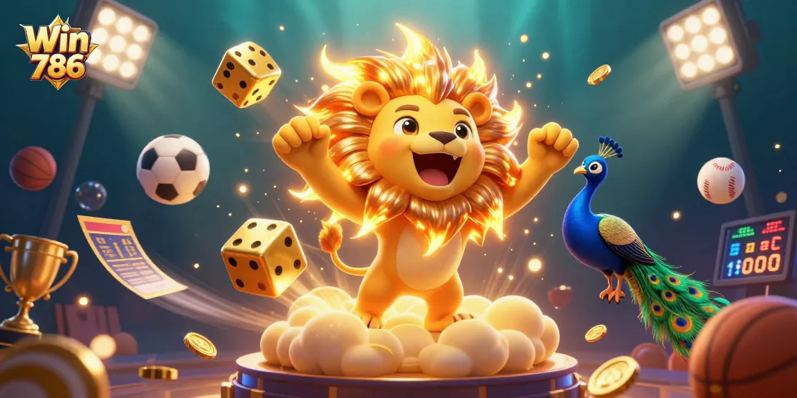 Experience the excitement of betting at Win 786 with a vibrant illustration featuring a roaring lion and dynamic game elements.