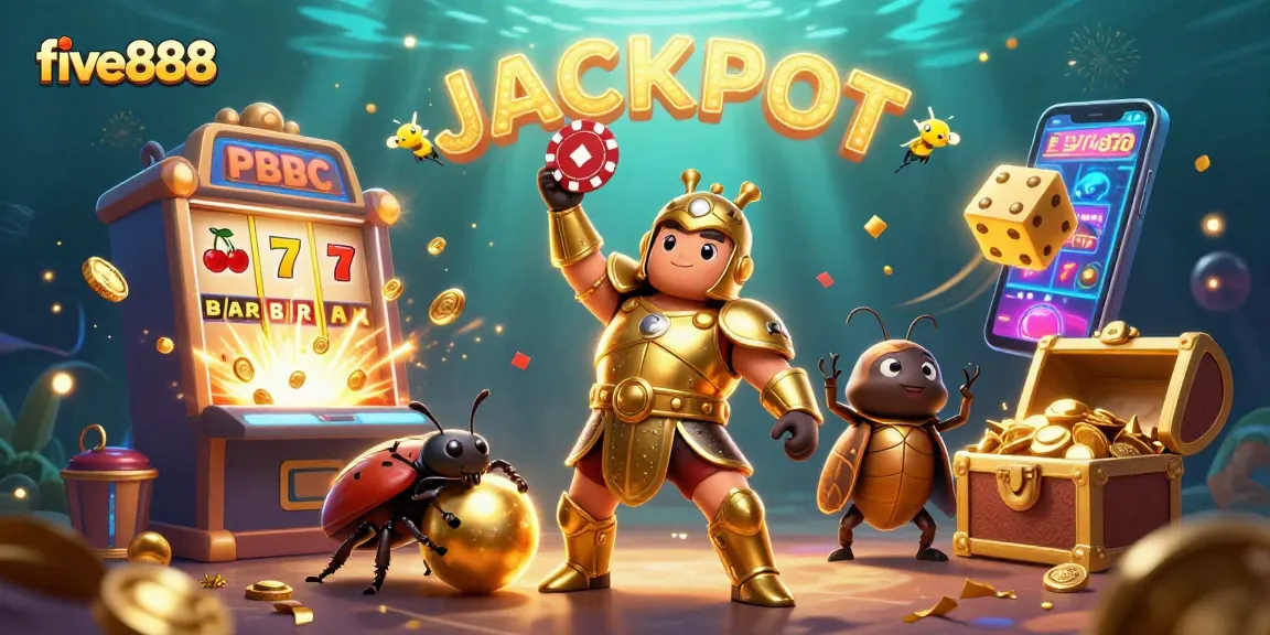 Engage with five888's thrilling slot scene featuring playful beetles and a jackpot celebration.