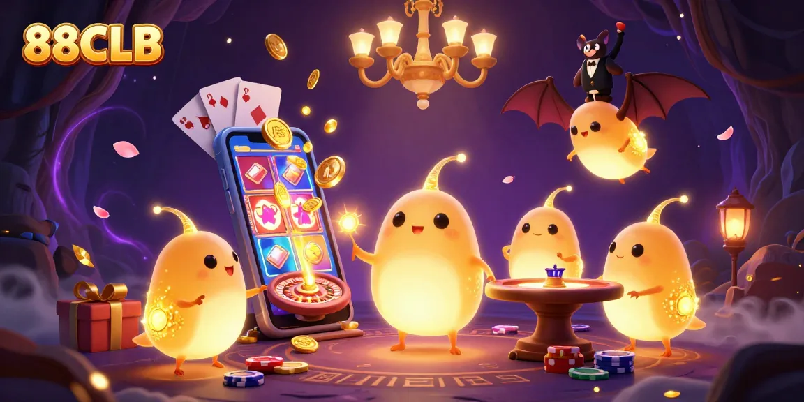 Experience the excitement of gambling with 88CLB's vibrant 3D casino art featuring glowing characters and games.