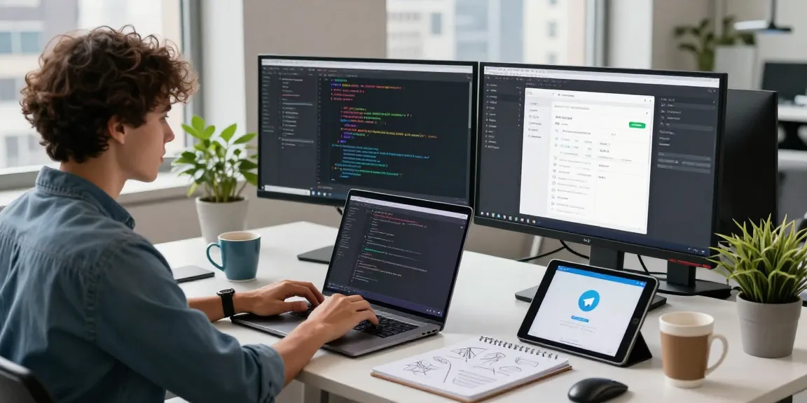 Dynamic tech workspace showcasing a developer working on the 纸飞机中文版 app with dual monitors, coffee, and natural light.