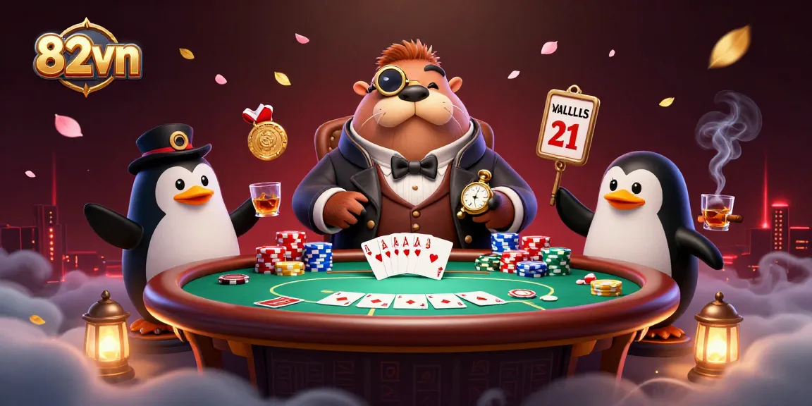 Engage with a jolly walrus at an underwater poker table in 82vn’s vibrant gaming scene.