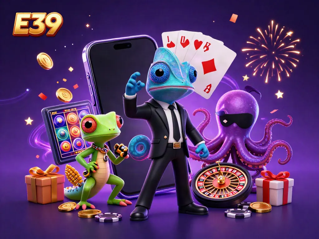 Experience thrill at E39 with a dynamic scene of characters enjoying casino games.