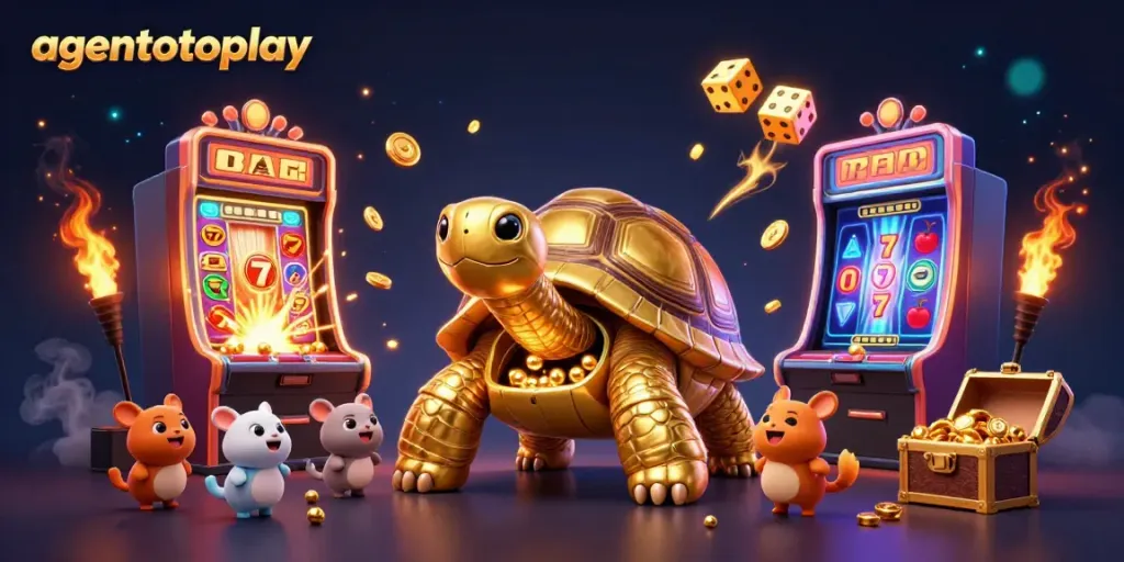 Experience thrilling action at agentotoplay with a lively scene featuring a golden tortoise pinball and vibrant casino elements.