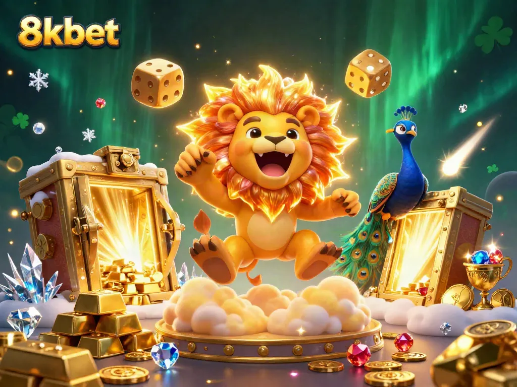 Experience thrilling action with 8xbet as you spin golden dice and roar for wins in vibrant casino illustration.