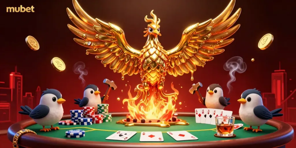 Experience the dynamic gameplay at mubet with a molten golden phoenix, poker chips, and vibrant casino elements.