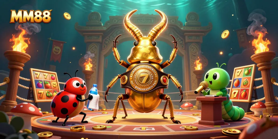 Experience MM88's thrilling slots adventure with a giant golden beetle and vibrant casino elements.