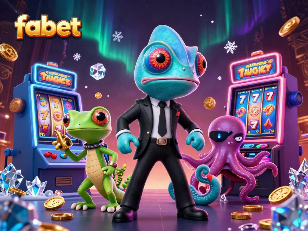 FABET reveals vibrant casino action with a secret agent chameleon and golden gadgets amidst slot machines.