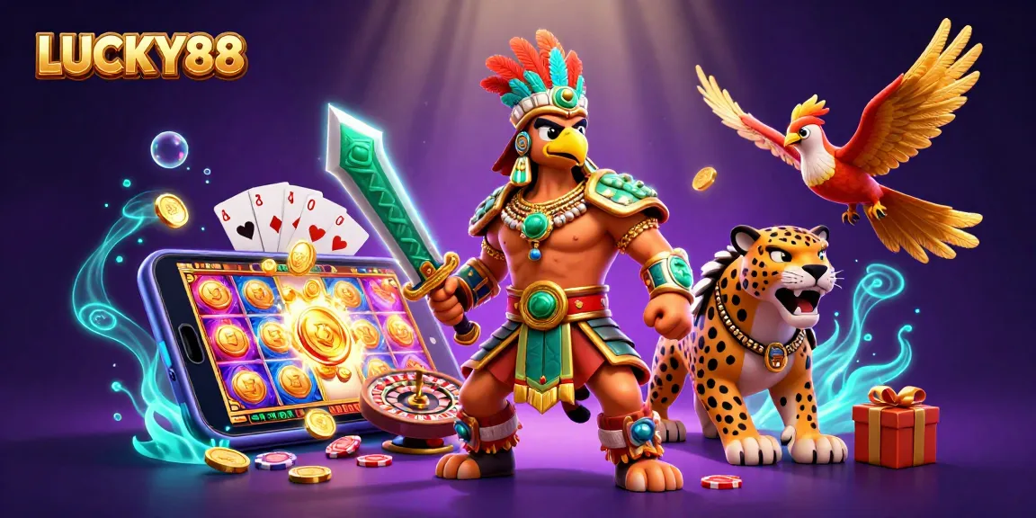Experience LUCKY88 in vibrant 3D, featuring a dynamic slot game scene with unique characters.