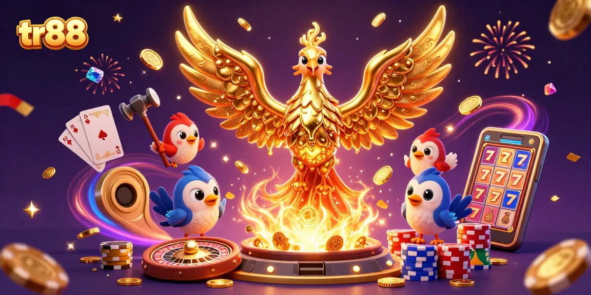 Experience thrilling gameplay with tr88-themed golden phoenix emerging from a fortune forge.