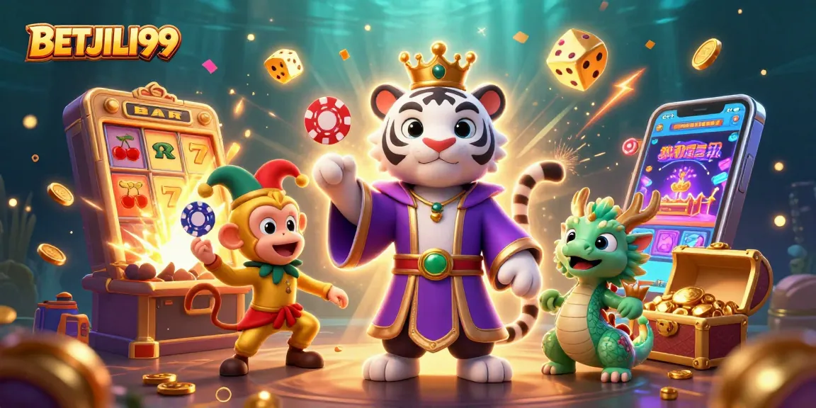 Experience the excitement of BETJILI99 with vibrant games and jackpots surrounded by dynamic characters and elements.