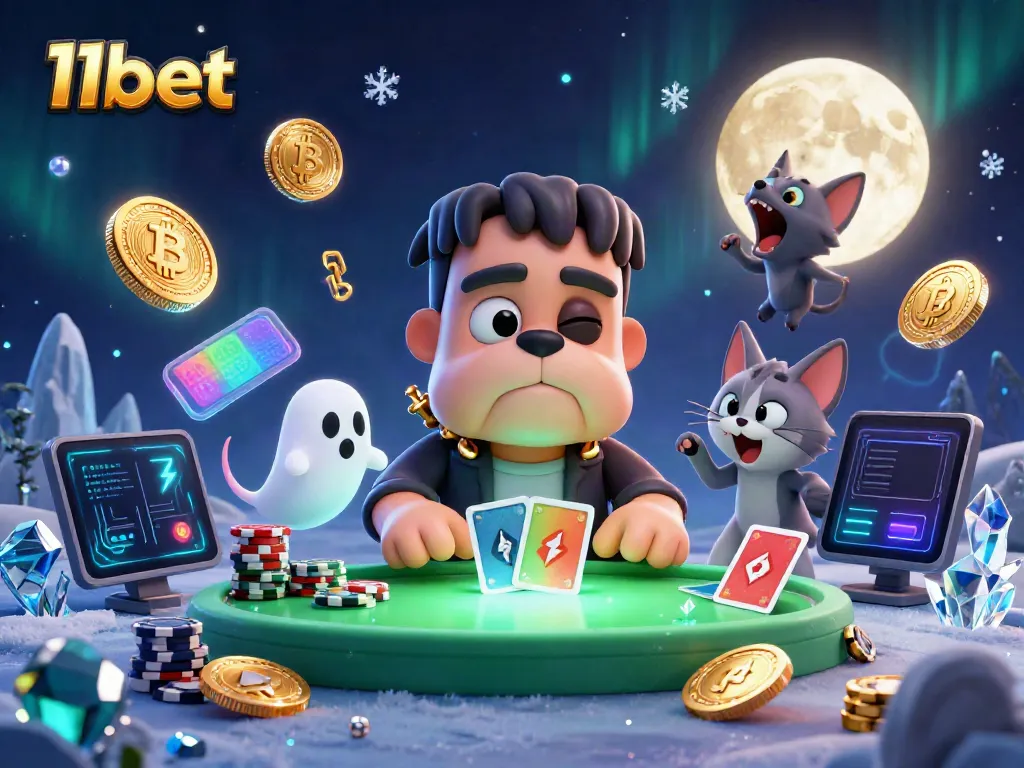 Win big with 11bet at a vibrant casino table featuring unique characters and crypto elements.