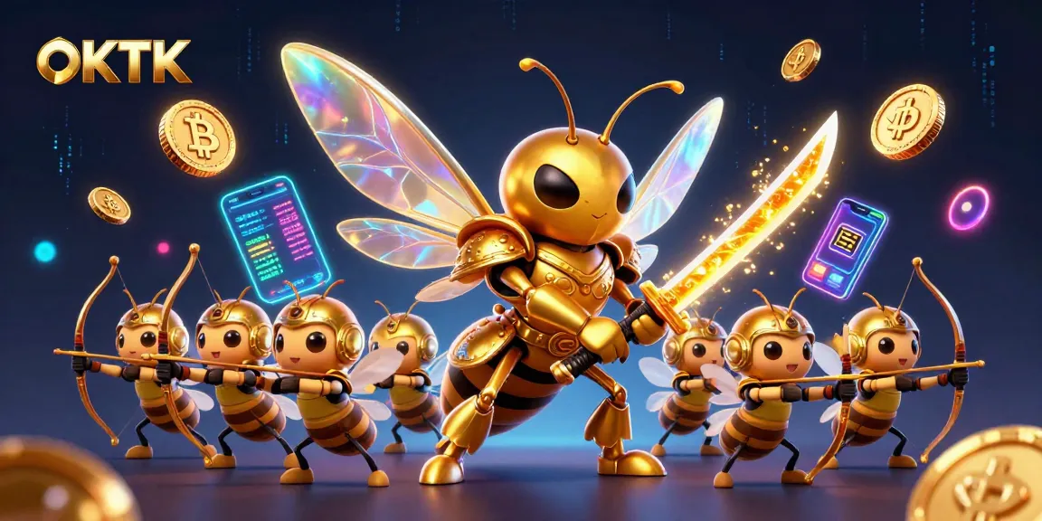 Engage with OKTK's vibrant gaming scene featuring a hornet warrior and cryptocurrency elements.